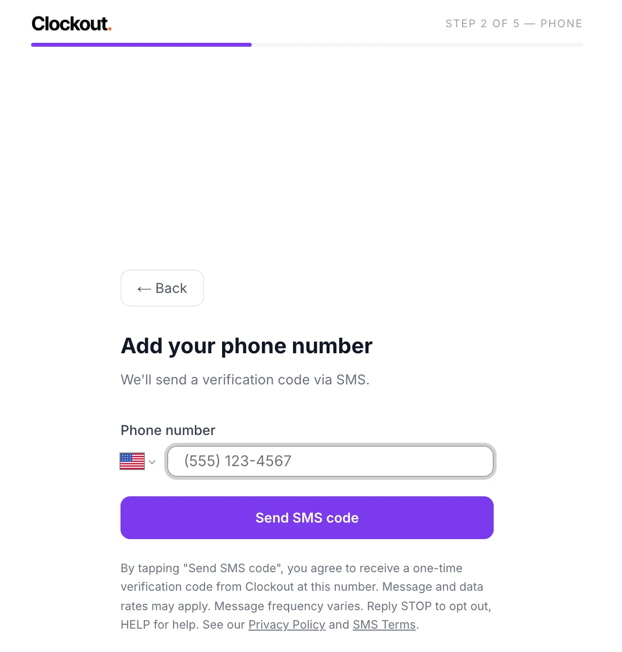 Clockout signup, step 2 of 5 — Phone. A phone number field with the placeholder (555) 123-4567, a "Send SMS code" button, and the SMS consent disclosure beneath it.