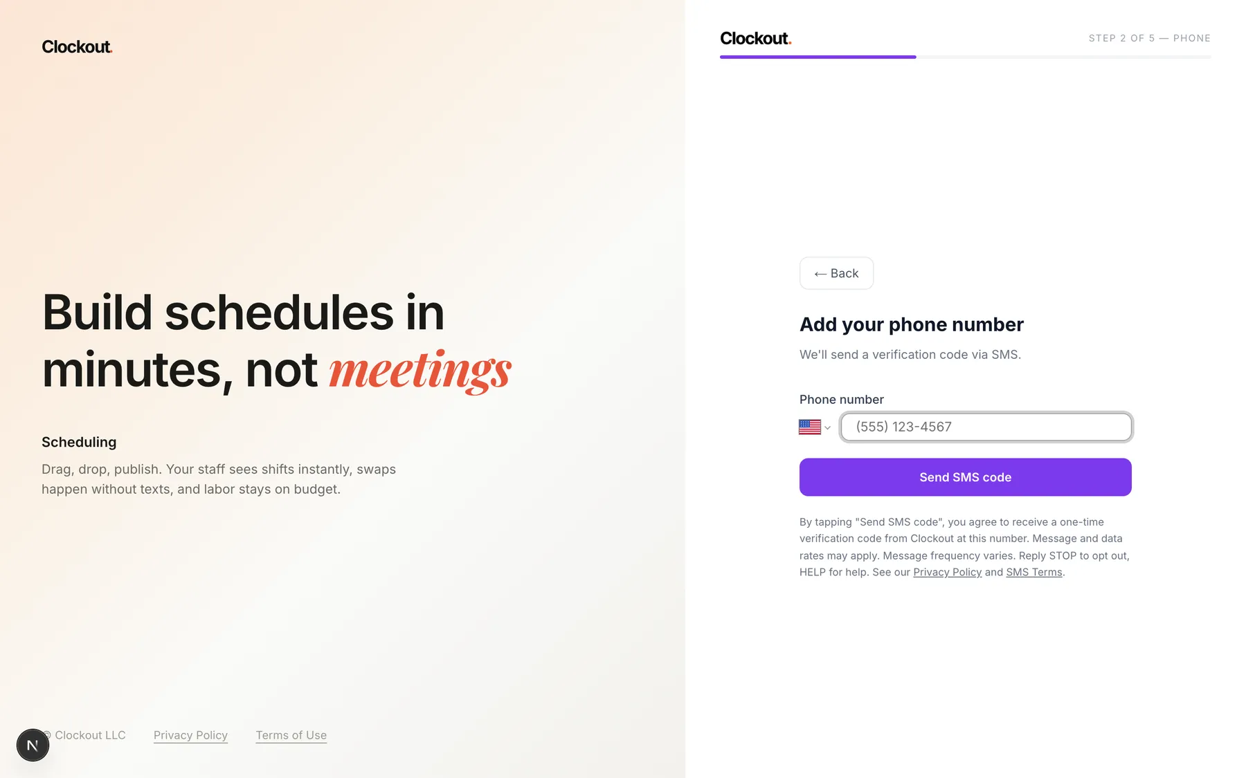 The same Clockout signup phone step shown as the full browser window.